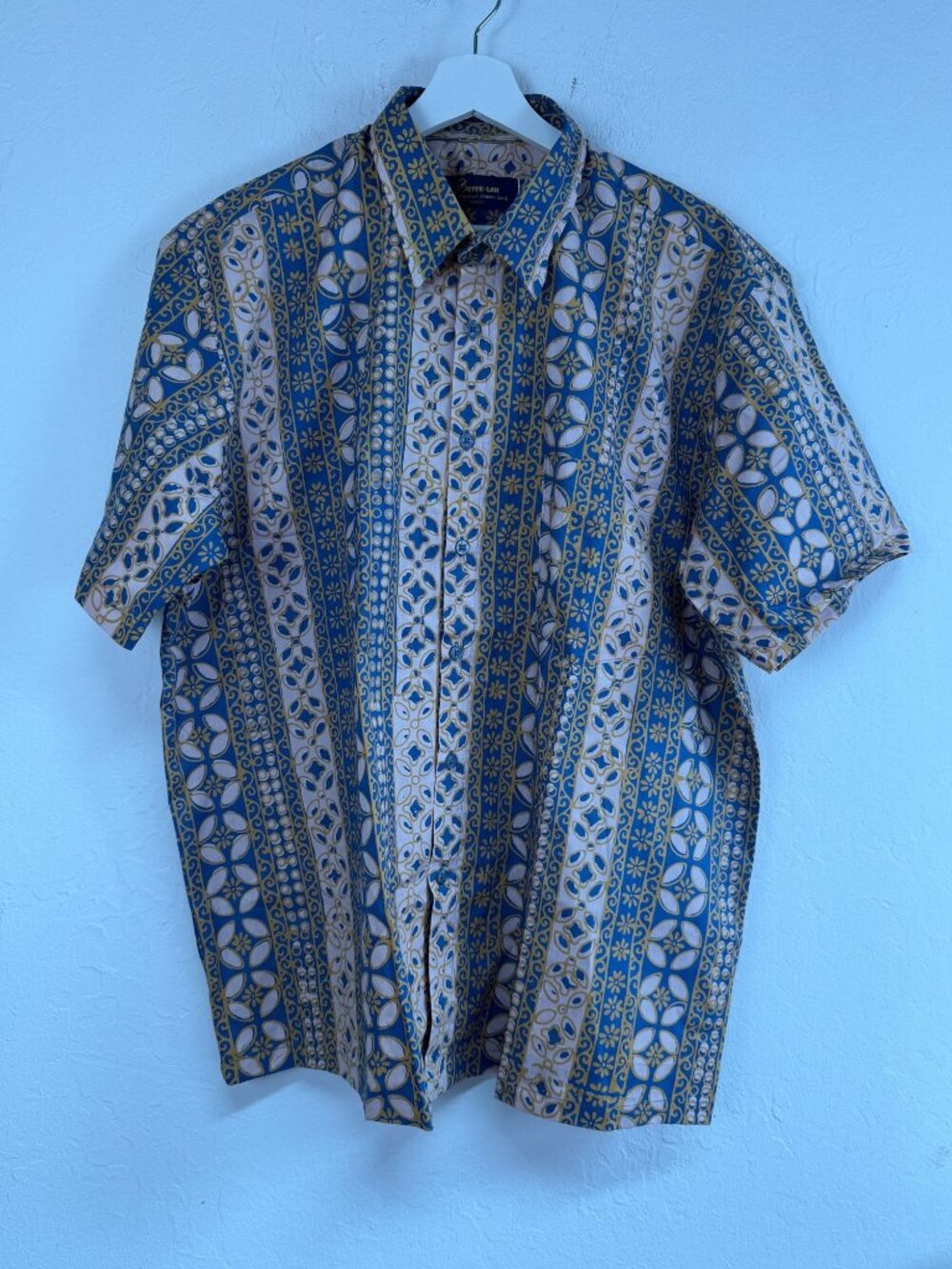 BATEK-LAH Mens Blue Cream Hand Printed Batik Button Up Shirt Artisanal XL New